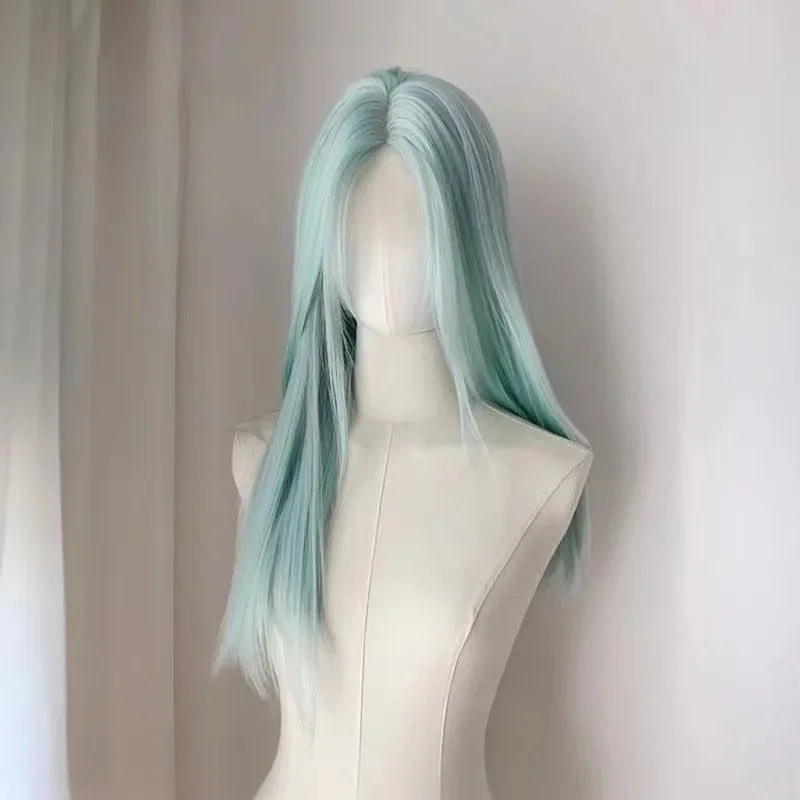2024New Mint Blue Green Fore Lace Long Straight Hair Center Split Bang Wig Women's Full Head pink gold wig