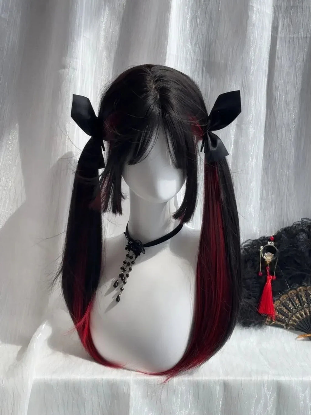 Black and red dyed sweet and cool princess cut long straight hair wig Gothic style wig women's full head caput medusae
