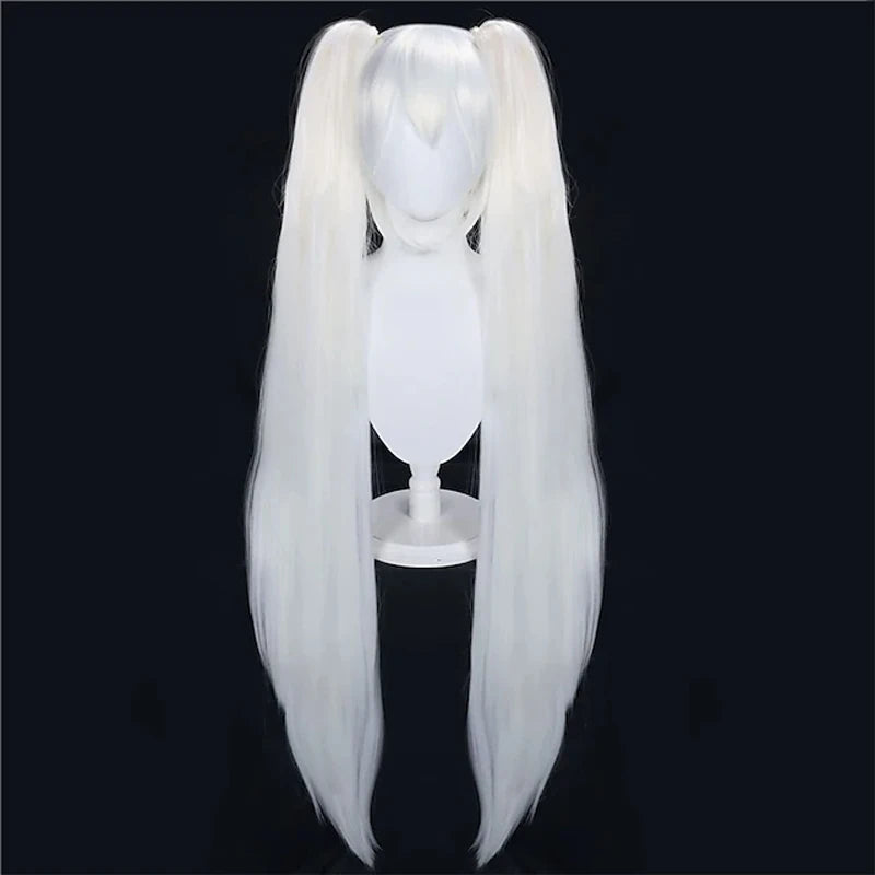 HAIRJOY White Wig with Double Ponytails Wigs for Women Long Straight Synthetic Hair Wigs for Halloween 2 Pigtail With Bangs Wig