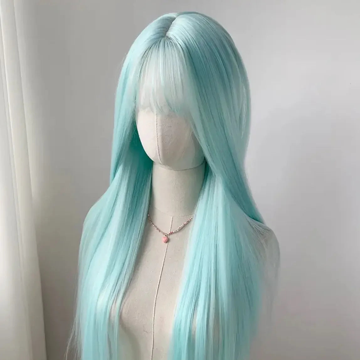 2024New Mint Blue Green Fore Lace Long Straight Hair Center Split Bang Wig Women's Full Head pink gold wig